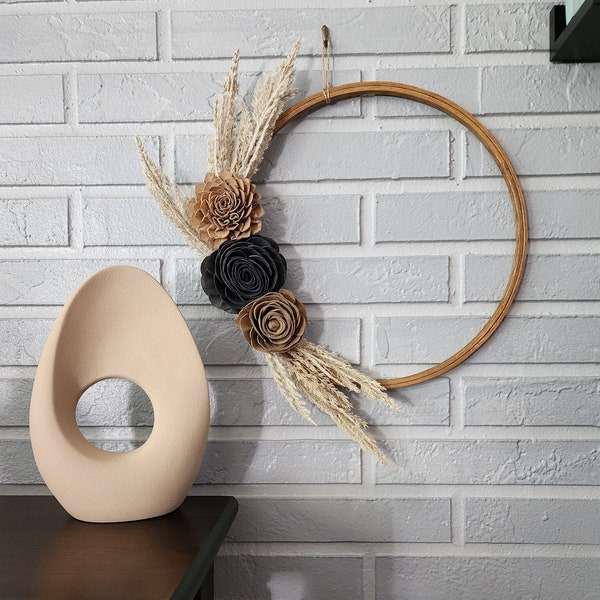 Pampas Hoop Wreath with Black and Brown Sola Wood Flowers, Boho Pampas Grass Wreath, Modern Boho Decor,  Minimalist Wreath for Front Door