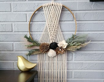 Macrame Wall Hanging Hoop, Neutral Sola Wood Flowers, Floral Macrame, Boho Wall Decor, Macrame Wreath, Bedroom Wall Decor, Living Room