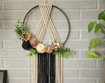 Modern Black Boho Macrame Hoop Wall Hanging with Neutral Wood Flowers, Macrame Wreath, Floral Dreamcatcher, Nursery Wall Decor