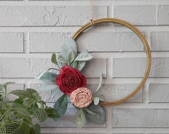 Pink Rose Mini Hoop Wreath with Lambs Ear Greenery, Spring Mantel Decor, Gallery Wall Wreath, Farmhouse Decor