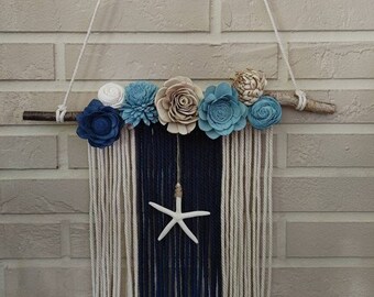 Coastal Macrame Wall Hanging with Sola Wood Flowers and Starfish, Nautical Wall Decor, Beach Wall Art, Gift for her