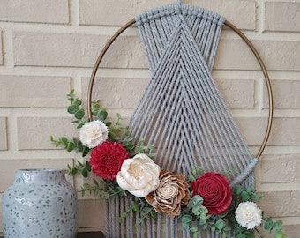 Modern Gray Boho Macrame Wall Hanging with Sola Wood Flowers, Floral Dreamcatcher, Nursery Decor, Gift for her