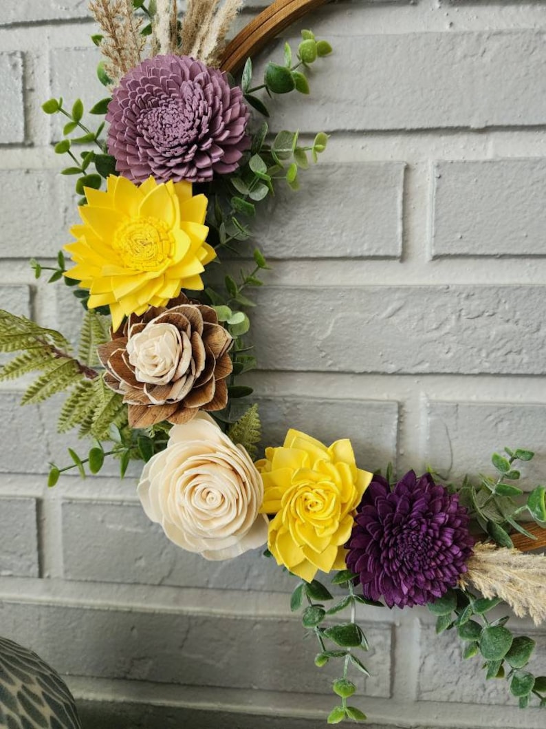 Yellow and Purple Sola Flower Boho Wood Hoop Wreath Etsy