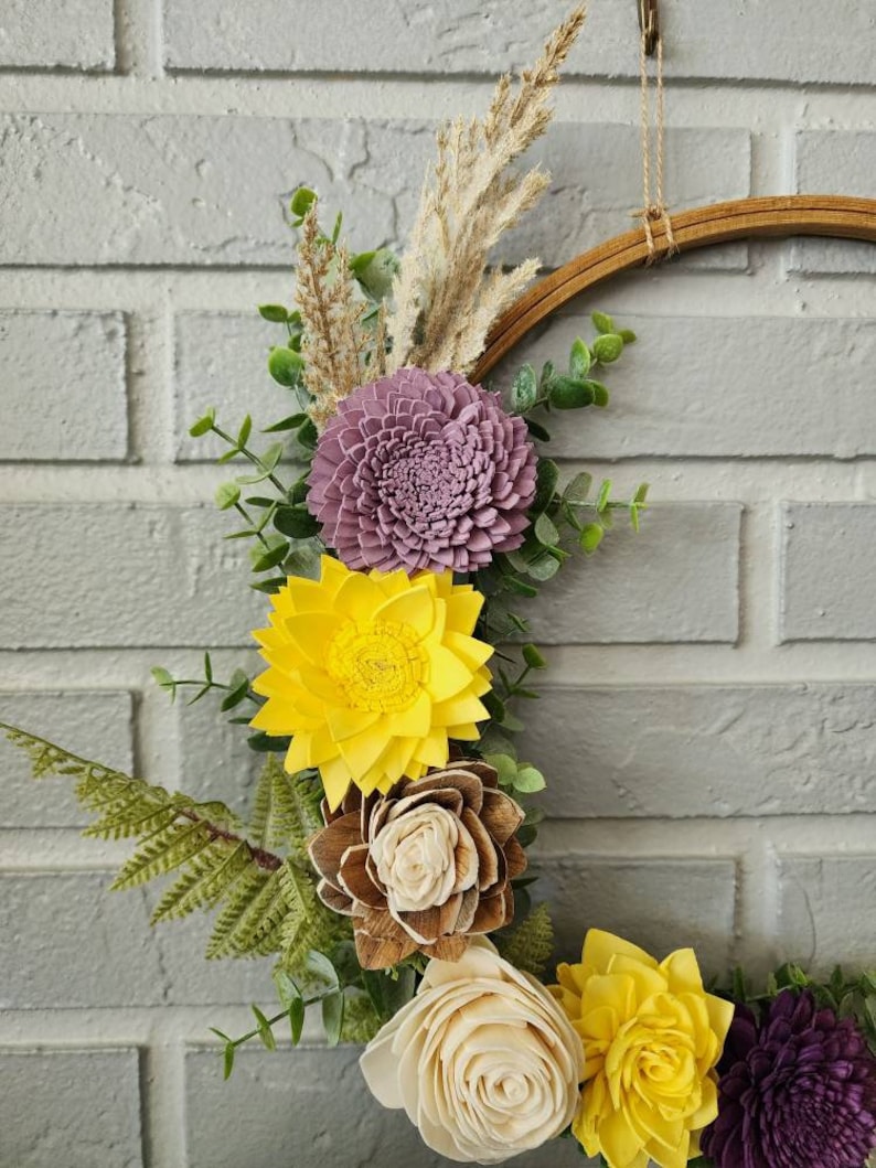 Yellow and Purple Sola Flower Boho Wood Hoop Wreath Etsy