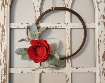 Valentine's Day Indoor Wood Hoop Wreath with Red Sola Flower and Lambs ear, Gallery Wall Decor, Mantel Wreath, Valentine's Day Decor