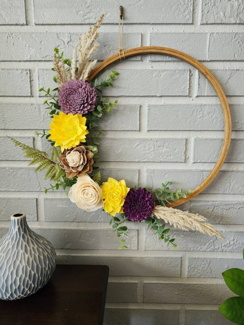 Yellow and Purple Sola Flower Boho Wood Hoop Wreath Etsy