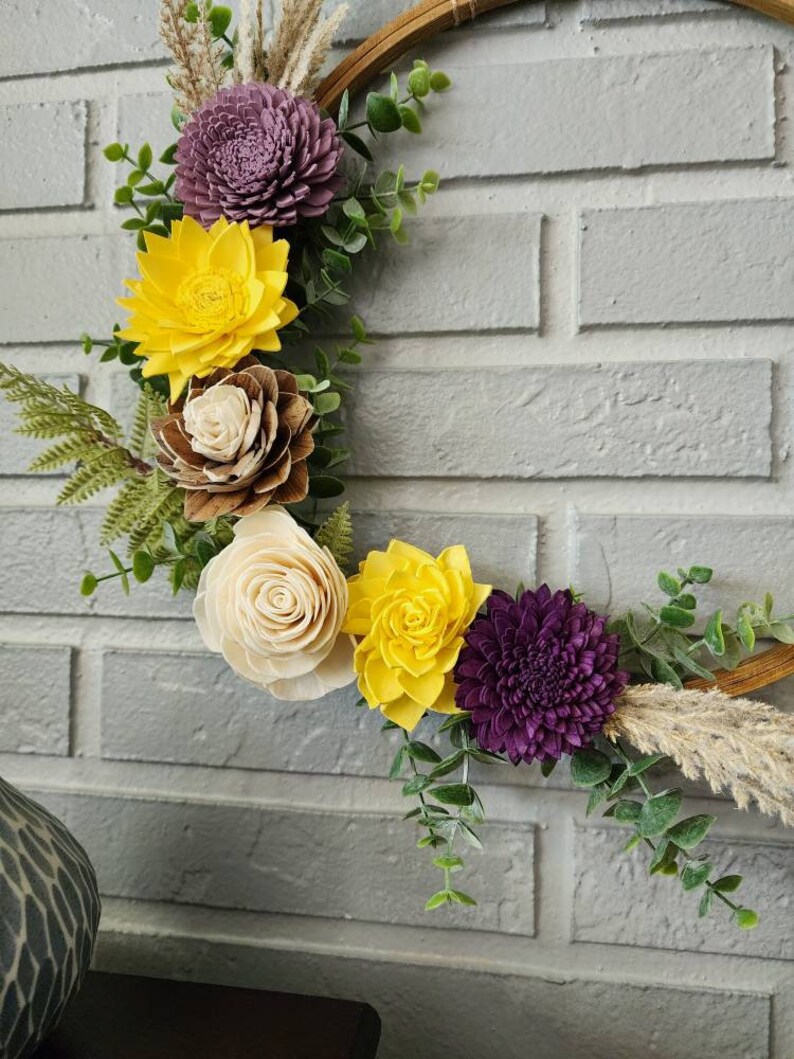 Yellow and Purple Sola Flower Boho Wood Hoop Wreath Etsy