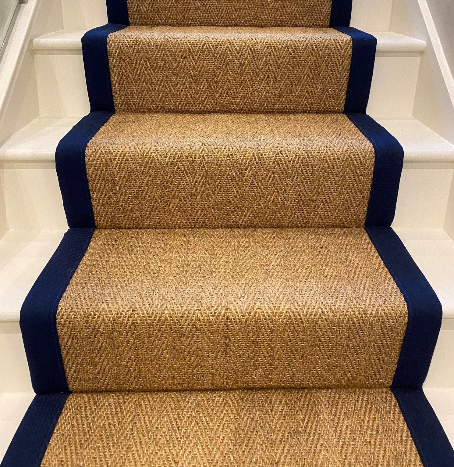 Sample of Natural Sisal Herringbone Stair Runner with Navy Etsy