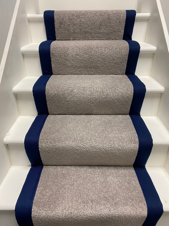 Light Grey Twist Stair Runner Edged With Navy Blue Tape Etsy UK