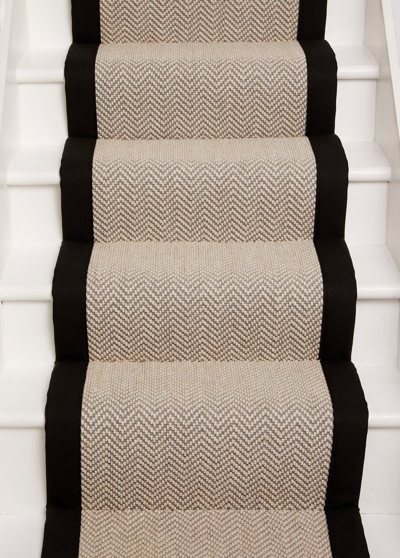 Ivory Herringbone Flatweave Stair Runner with Black Tape Etsy