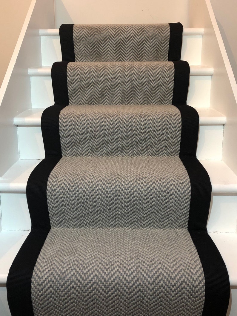Grey Herringbone Flatweave Stair Runner with Black Tape Etsy