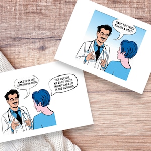 Tarjeta de broma con humor sobre médicos divertidos - Tarjeta de regalo con bocadillo de diálogo en estilo cómic con chistes sobre médicos - Tarjeta de regalo divertida para estudiantes de medicina, médicos, residentes y compañeros