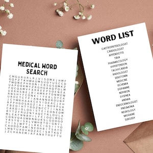 Tarjeta de felicitación de búsqueda de palabras de la escuela de medicina: regalo divertido y único para estudiantes de medicina: regalo interactivo único para médicos, premédicos y enfermeros
