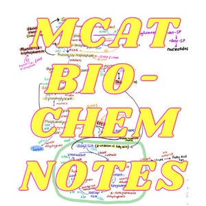 May include: A yellow and pink graphic with the text "MCAT BIO-CHEM NOTES" in large, bold letters. The graphic includes a diagram of a metabolic pathway with various chemical reactions and molecules labeled.