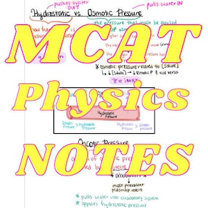 May include: A handwritten study guide on white paper with the words "MCAT Physics NOTES" in large yellow letters with pink outlines. The notes cover topics like Hydrostatic vs. Osmotic Pressure, with diagrams and equations.
