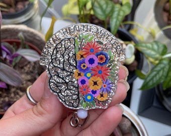 Mental Health Matters Badge Reel, Floral Brain, Gift for Therapist