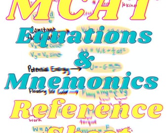 Può includere: Una grafica gialla e rosa con il testo "MCAT Equations & Mnemonics Reference Sheet". La grafica è sovrapposta da equazioni e note scritte a mano in blu e nero.