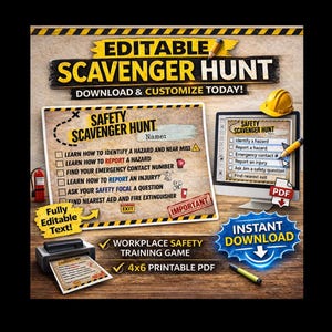 Búsqueda del tesoro sobre seguridad en el trabajo: juego de capacitación editable en Canva / herramienta imprimible de participación de OSHA