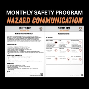Peut inclure: Document en noir et blanc intitulé « PROGRAMME DE SÉCURITÉ MENSUEL COMMUNICATION DES DANGERS » avec le logo « SAFETY RIOT ». Le document comprend des sections sur les rôles des gestionnaires, les responsabilités et les pictogrammes SGH.