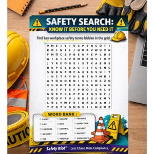 Könnte beinhalten: Ein Arbeitsplatz-Sicherheits-Suchsel-Puzzle mit einem gelben Schutzhelm und einer Pylonen-Grafik. Der Text lautet "SAFETY SEARCH: KNOW IT BEFORE YOU NEED IT." Enthält eine Wortliste mit Sicherheitsbegriffen. Der Markenname "Safety Riot" ist sichtbar.