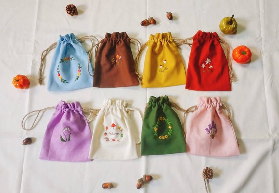 Embroidered Drawstring Bag, Linen Drawstring Bag, Hand Small Pouch