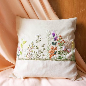 Floral embroidered cover cushion, hand embroidered cover cushion, embroidery pillowcase, linen cover cushion, cover pillow,The Solitude.