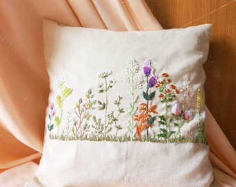 花柄刺繍 リネン クッションカバー フラワーガーデン刺繍装飾枕カバー、ハンドメイドクッションカバー、花