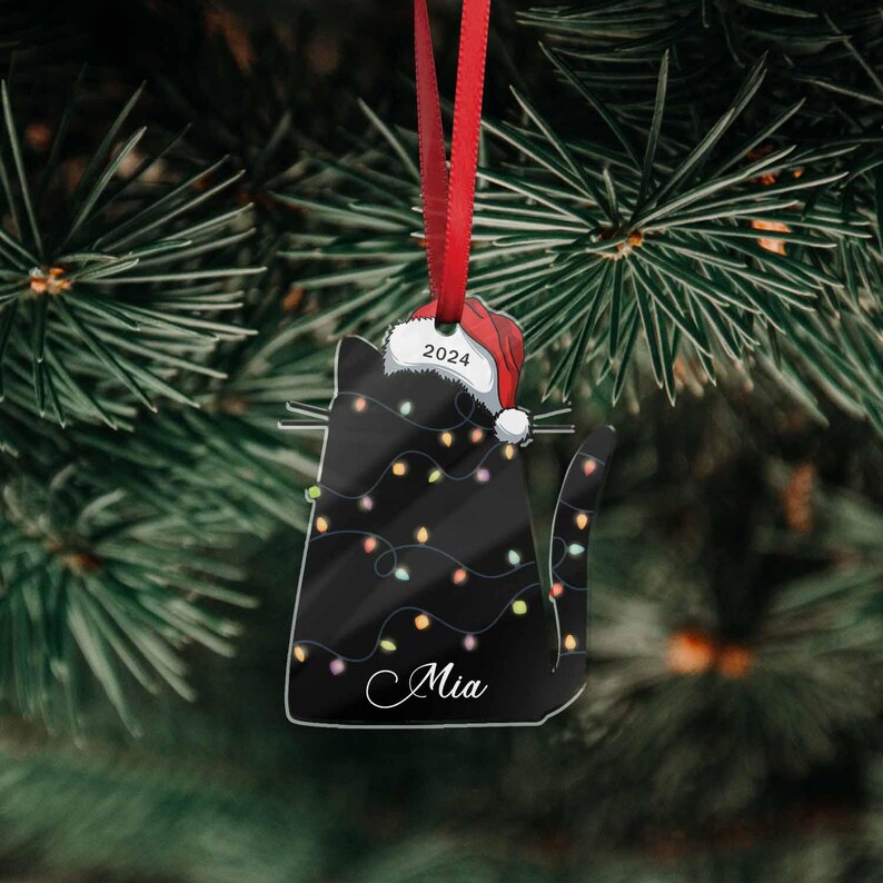 Personalized Name Black Cat Christmas Ornament, Ornament for Pet Lovers