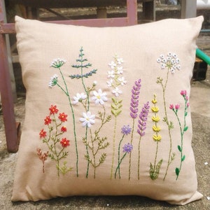 Floral embroidered cover cushion, hand embroidered cover cushion, embroidery pillowcase, linen cover cushion, cover pillow,The Secret Garden