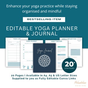 Diario y agenda de yoga editables / Descarga digital de 20 páginas / Personalizable en Canva (formatos A4, A5 y carta de EE. UU.)