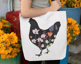 Garden Tote Bag, Floral Chicken Tote Bag, Garden Gift, Gardening Gift, Garden Lover, Garden Lover Gift, Gardening Lover, Gardener Gift Idea