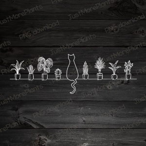 May include: Line drawing of a cat sitting in front of a row of potted plants. The plants include a cactus, a snake plant, a monstera, and a few other types of houseplants.