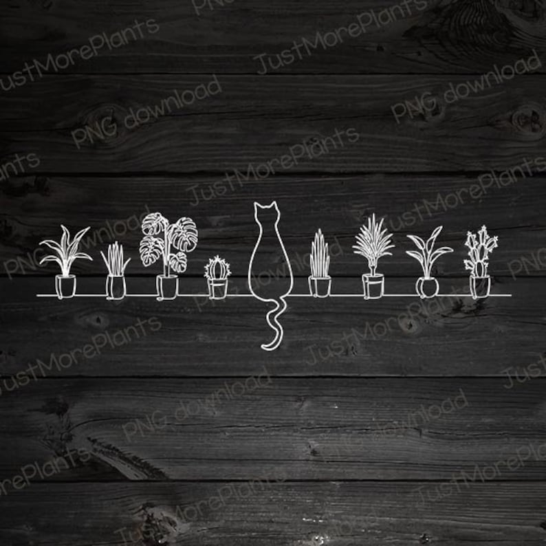 May include: Line drawing of a cat sitting in front of a row of potted plants. The plants include a cactus, a snake plant, a monstera, and a few other types of houseplants.