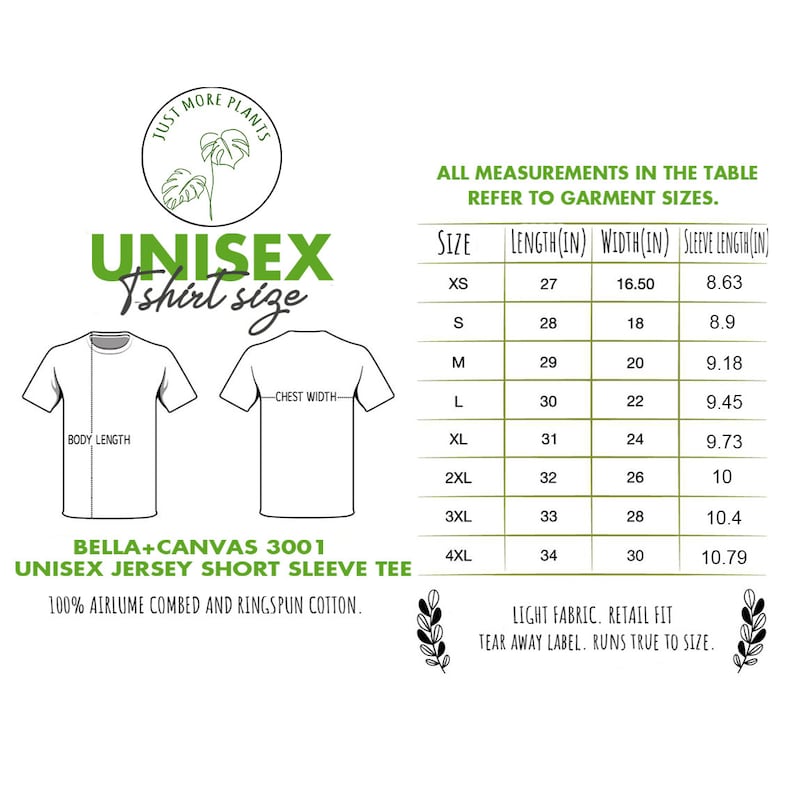 May include: A size chart for a unisex short sleeve t-shirt. The chart shows the measurements in inches for the length, width, and sleeve length of the shirt in sizes XS to 4XL. The shirt is made of 100% airlume combed and ringspun cotton.