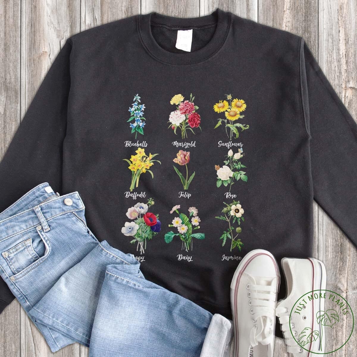 Flower Sweatshirt, Bluebells Marigold Sunflower Daffodil Tulip