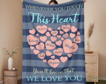 May include: A blue and white striped throw blanket with a pink heart design. The heart is made up of smaller hearts with names written on them. The text "Whenever you touch this heart you'll know that we love you" is written on the blanket.