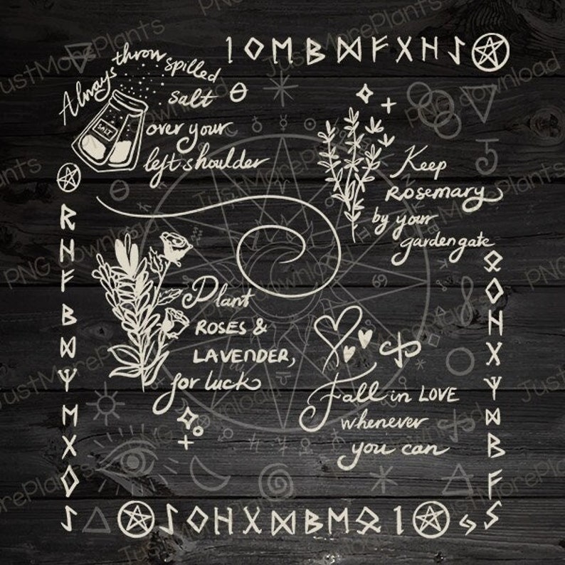 Peut inclure: Une image en noir et blanc avec du texte manuscrit sur un fond en bois. Le texte comprend "Always throw spilled salt over your left shoulder", "Keep Rosemary by your garden gate", "Plant Roses & Lavender, for luck", et "Fall in love whenever you can".