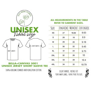 Peut inclure: Un graphique blanc pr&eacute;sente un tableau des tailles de t-shirts unisexes. Le tableau comprend les mesures de la longueur du corps, de la largeur de la poitrine et de la longueur des manches en pouces. Le t-shirt est Bella+Canvas 3001, unisexe jersey &agrave; manches courtes.