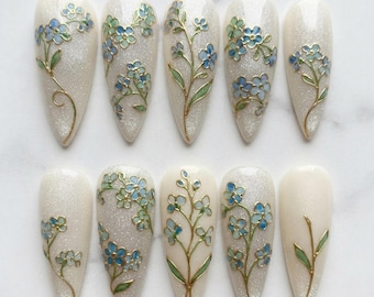 Vintage Stained Glass Floral Press On Nails | Blue Forget Me Not Pearl Shimmer Gold Line Fake Nails