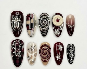 Gothic Punk Burgundy Press on Nails | 3D Metallic Beetle Swirl Art | Mood Aesthetic Silver Star Button Custom Luxury Fake Nails