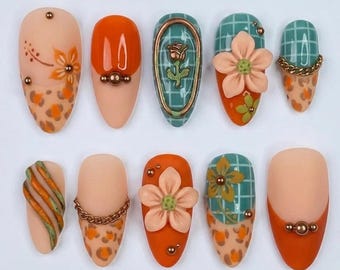 Handmade Press On Nails | Mid-Century Modern Boho Aesthetic | 3D Floral, Leopard Print, Teal Plaid & Copper Gold Rose Art Set