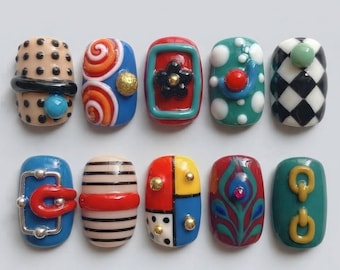 Abstract Pop Art Press On Nails | 3D Color Block Swirl Checkerboard Chain Peacock Short Fake Nails
