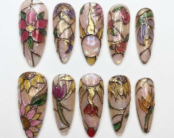 Vintage Stained Glass Floral Press On Nails | Cathedral Window Art Gel Fake Nails