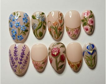 Handmade Classic Garden Press On Nails | Vintage Lavender & Floral Art | Luxury Botanical French Tip Set