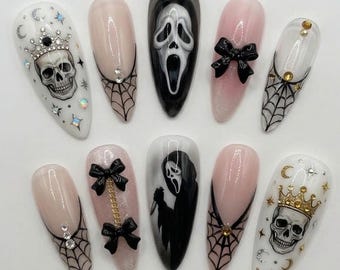 Handmade Press On Nails | Spooky Coquette Aesthetic | 3D Black Bows, Ghostface & Royal Skull Set
