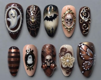 Vintage Gothic Halloween Press On Nails | 3D Ghost Skull Bat Spiderweb Pearl Frame Bronze Fake Nails