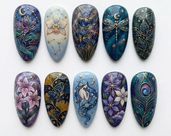Celestial Mystic Floral Press On Nails | 3D Dragonfly Peacock Feather Lotus Orchid Maiden Moon Star Galaxy Fake Nails