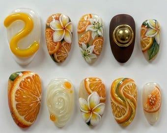 Handmade Press On Nails | The Citrus Garden Aesthetic | 3D Juicy Oranges, White Lilies & Antique Bronze Stud Art Set