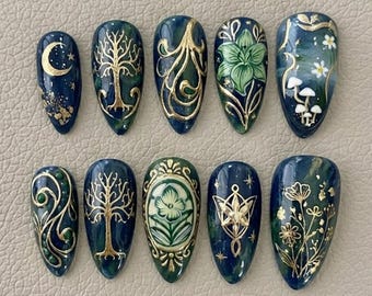Handmade Press On Nails | Elven Fantasy Aesthetic | 3D Golden Tree of Life, Celestial Moon & Botanical Scrollwork Art Set