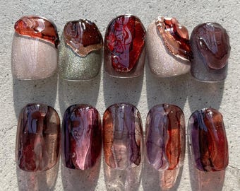 Molten Wine Press On Nails | Glossy Burgundy, Rose Quartz & Sculpted Red Glass Textures | Handmade Short Square Set For Autumn Vibe
